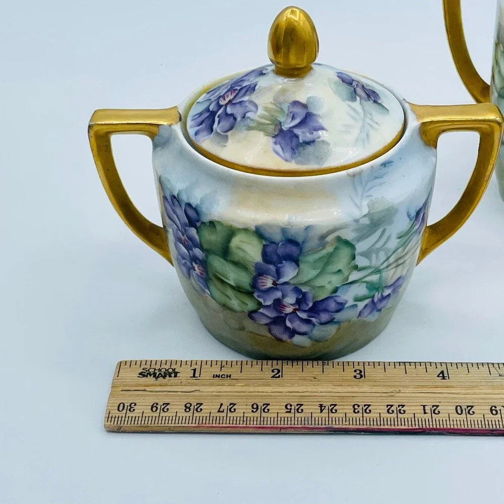 Antique Wellman Germany Porcelain Cream & Sugar Set Purple Floral Gold Gilt